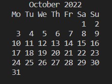 Output for Creating a text-based calendar of a month using Python