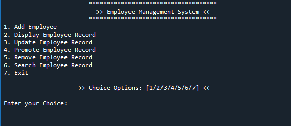 output for Employee Management System Project in Python