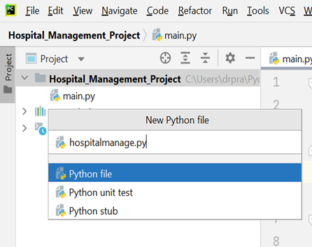 naming the hospital management system python project python file as hospitalmanage.py