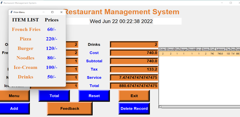 Final Output 1 of restaurant management system project in python using tkinter