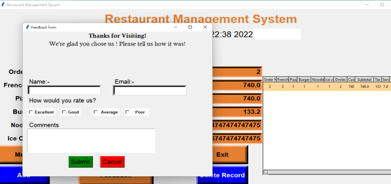 Final Output 2 of restaurant management system project in python and mysql