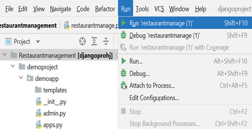 Running the restaurant management system project in python class 12 program
