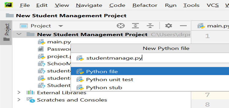 pycharm example 2 for student management system project in python with source code