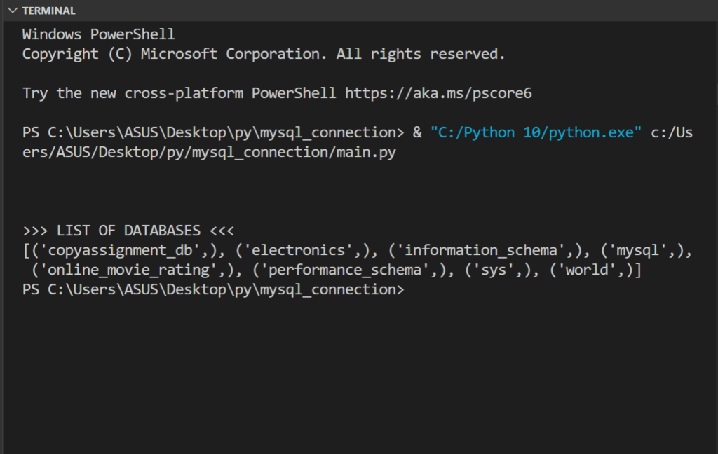 Python MySQL Connection and Commands DATABASES