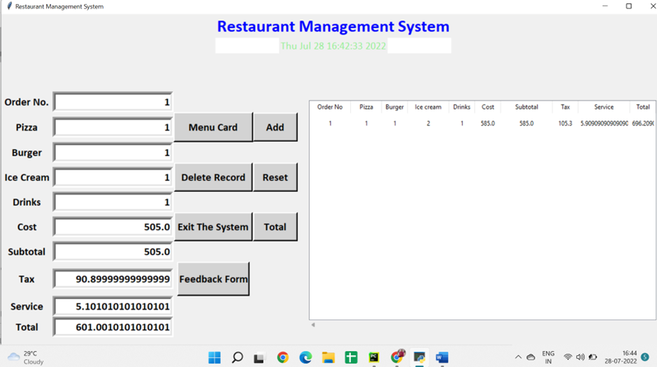 Output1 of Restaurant Management System in Python