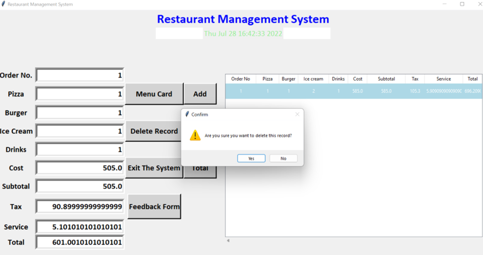 Output3 of Restaurant Management System Project in Python