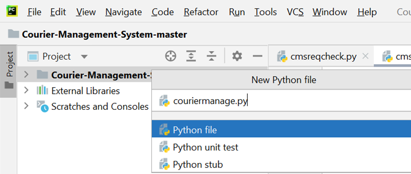 PyCharm setup 2 for Courier Management System in Python