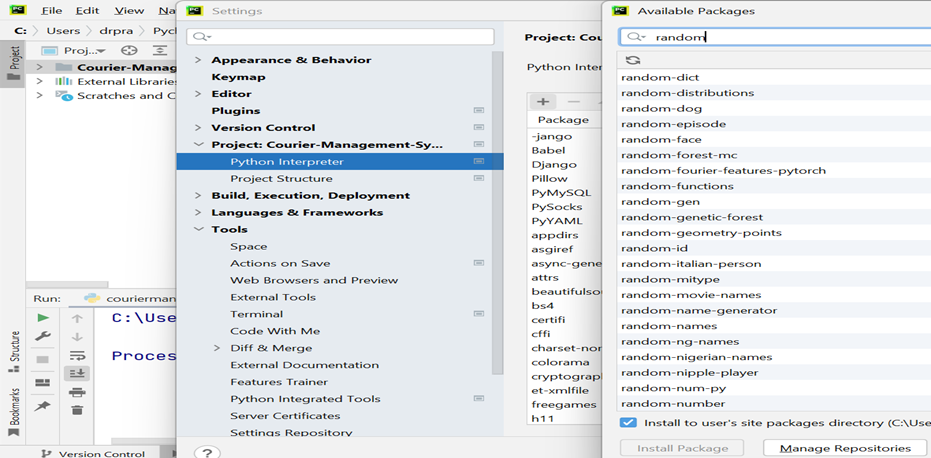 PyCharm setup 4 for python program for Courier Management System