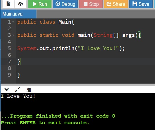 output for I love You code in java