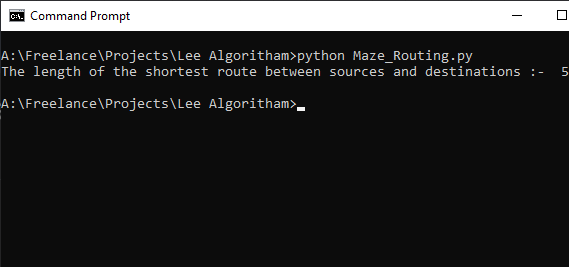 Output for Lee Algorithm in Python | Solution to Maze Routing Problem in Python