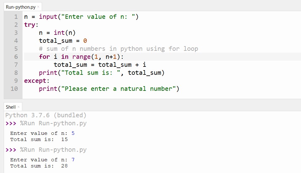 Sum of n numbers in Python using for loop