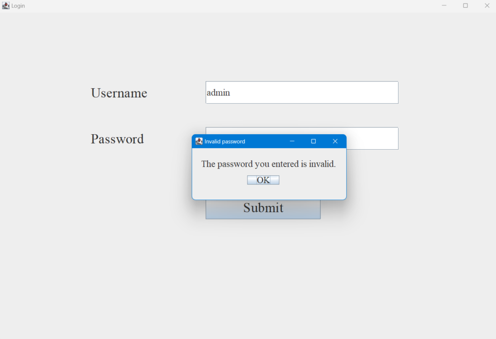 admin panel, invalid password popup