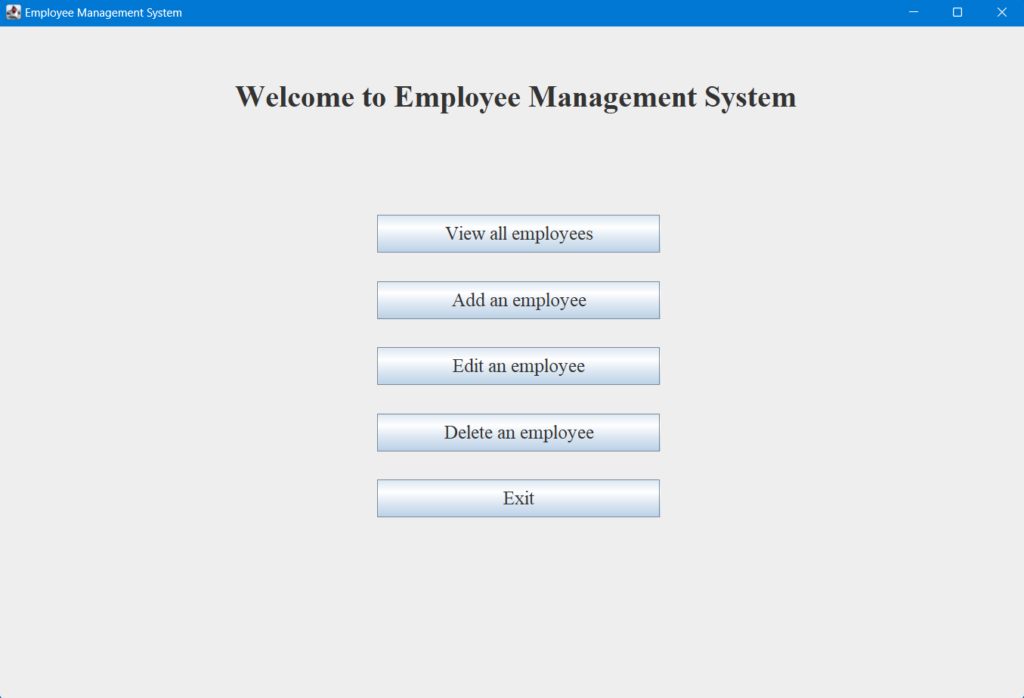home screen of employee management system in java