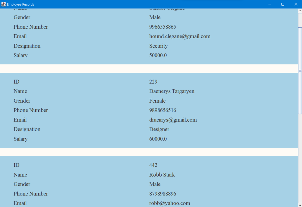 View all employees after adding a new employee to the employee management system project in java with SQL