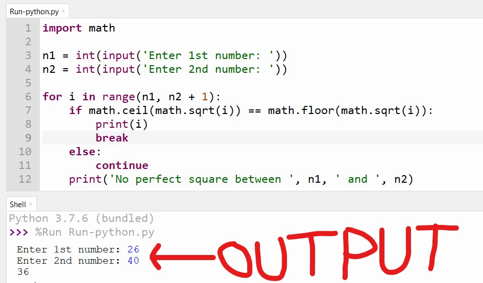 Output for First perfect square in Python