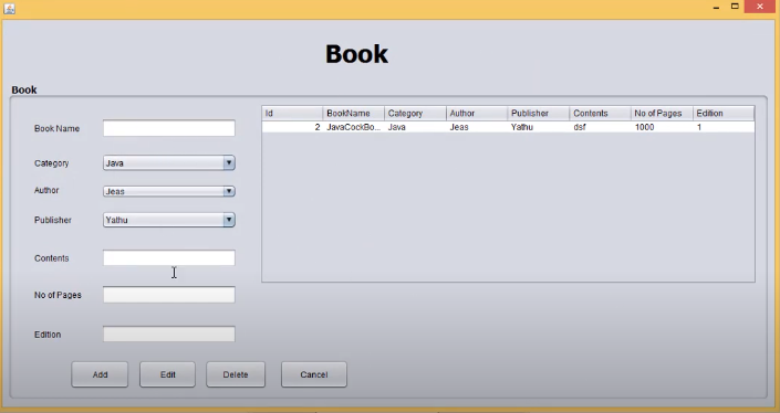 Book page output for library management system project in java with source code