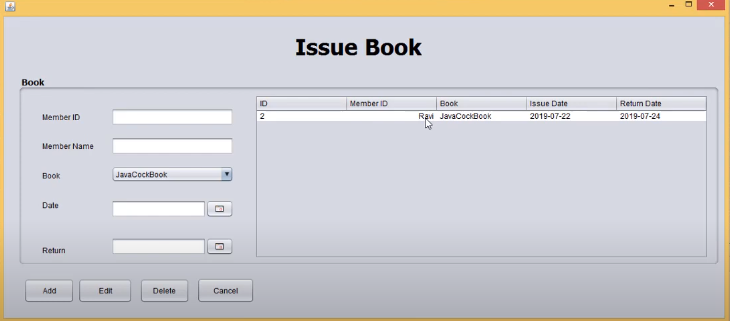 Issue book page output for simple library management system project in java with source code