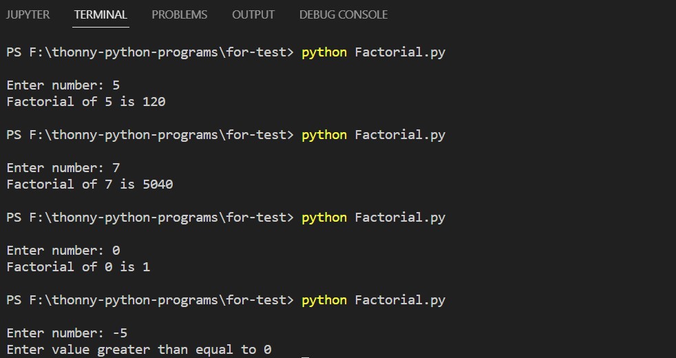 Output for Factorial Program in Python