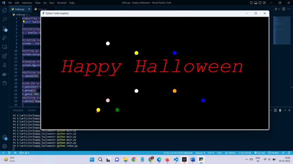 Output to Write Happy Halloween in Python Turtle