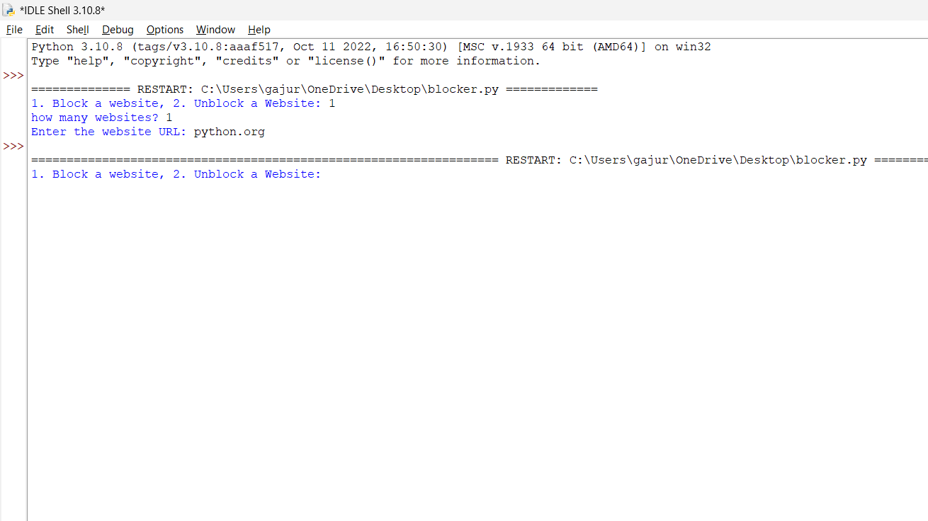 running Website Blocker python program again