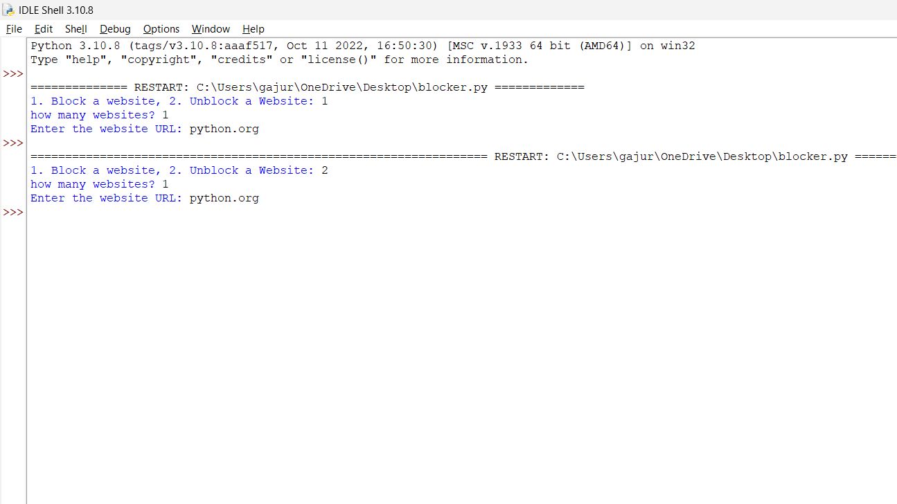 running Website Blocker python program again 2
