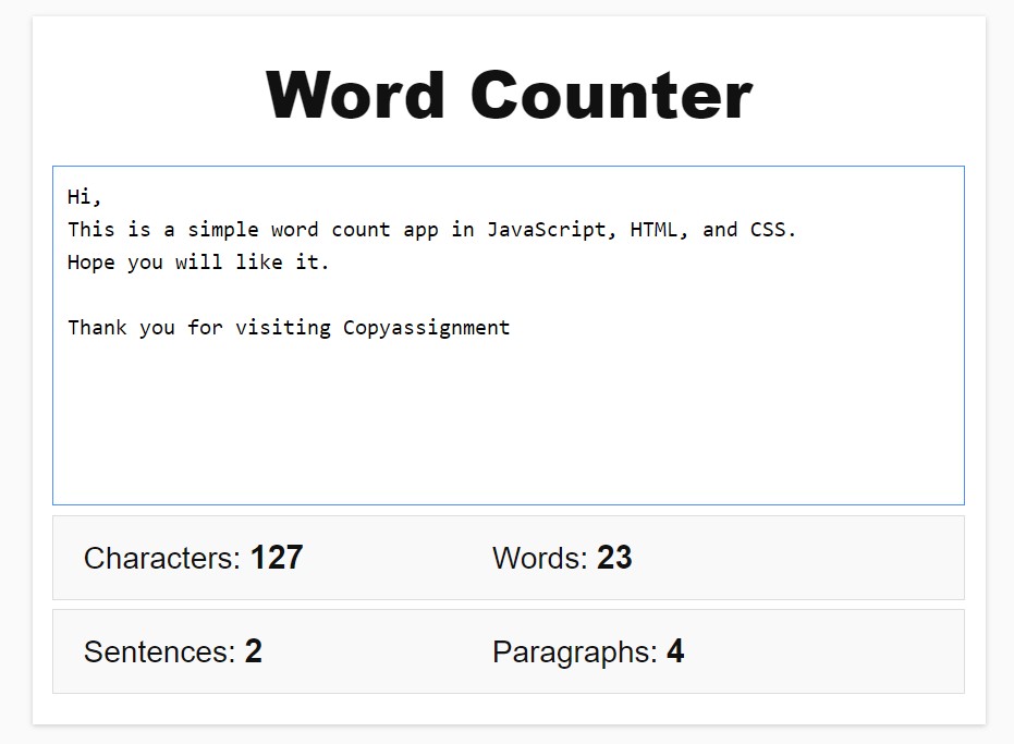 output for Word Count App in JavaScript