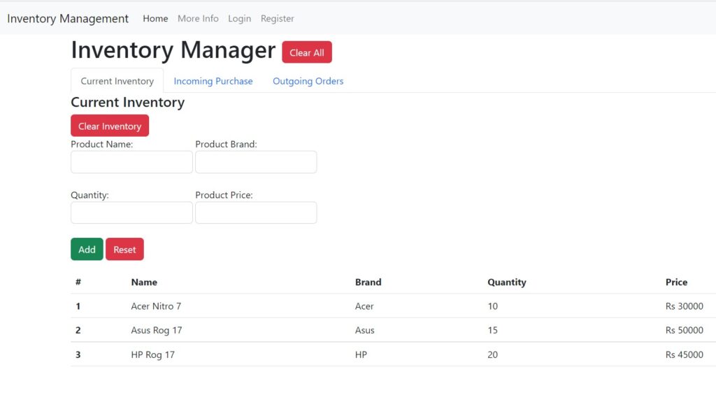output for Inventory Management System in JavaScript