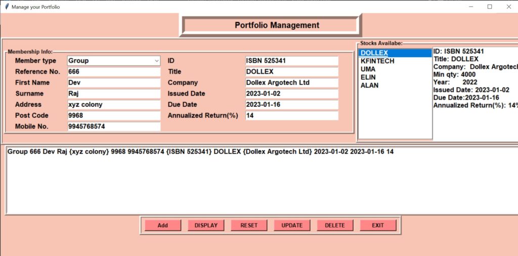 output for Portfolio Management System in Python