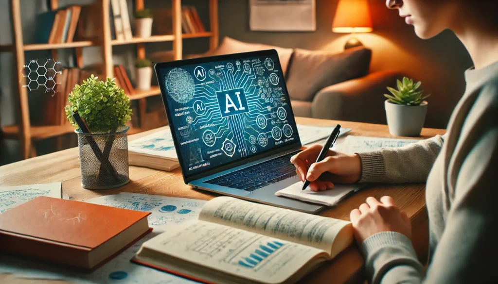 a beginner exploring AI concepts with a laptop and notes