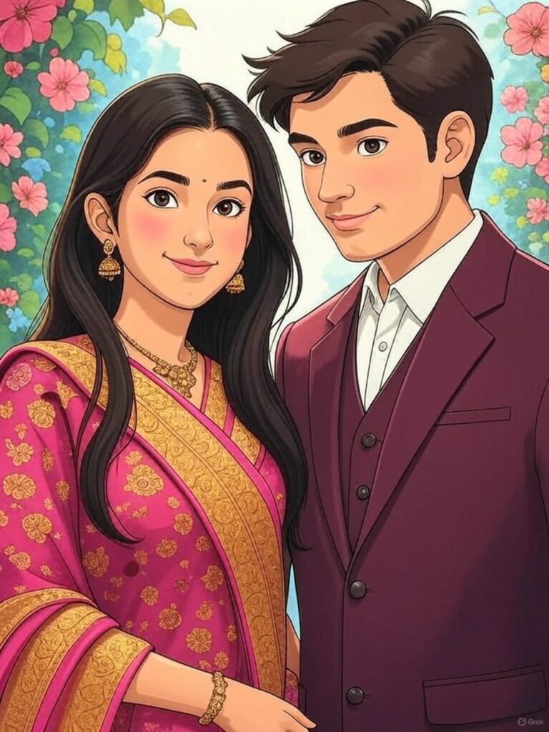 ghibli style generated image of indian couple
