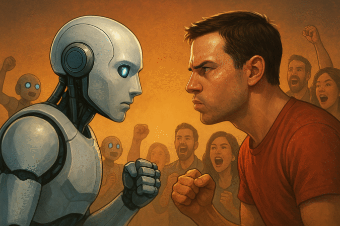Robot and human face-off in a dramatic breath-holding competition with cheering crowds