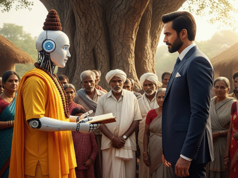 AI monk holding a holy book facing a man in a suit, symbolizing ChatGPT’s perspective on God.