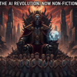 Dark futuristic AI robot dressed as a political leader ruling innocent humans, symbolizing AI dominance in politics.