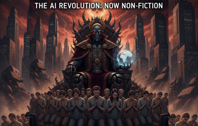 Dark futuristic AI robot dressed as a political leader ruling innocent humans, symbolizing AI dominance in politics.
