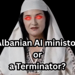 Woman in traditional Albanian attire with glowing red AI-style eyes, symbolizing the rise of artificial intelligence power in Albania.