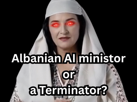 Woman in traditional Albanian attire with glowing red AI-style eyes, symbolizing the rise of artificial intelligence power in Albania.