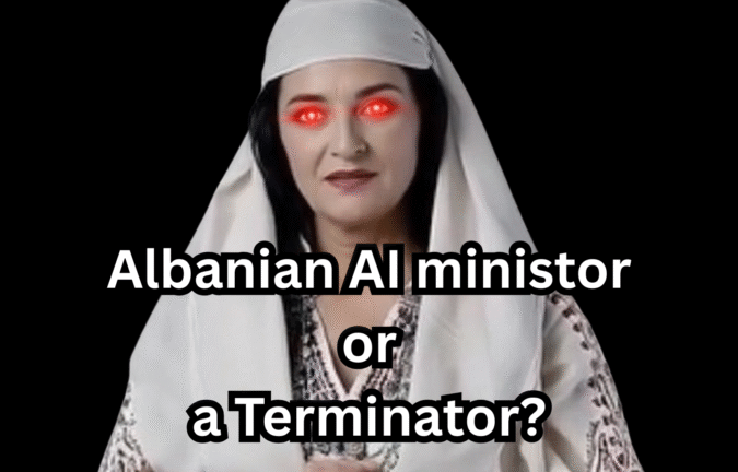 Woman in traditional Albanian attire with glowing red AI-style eyes, symbolizing the rise of artificial intelligence power in Albania.