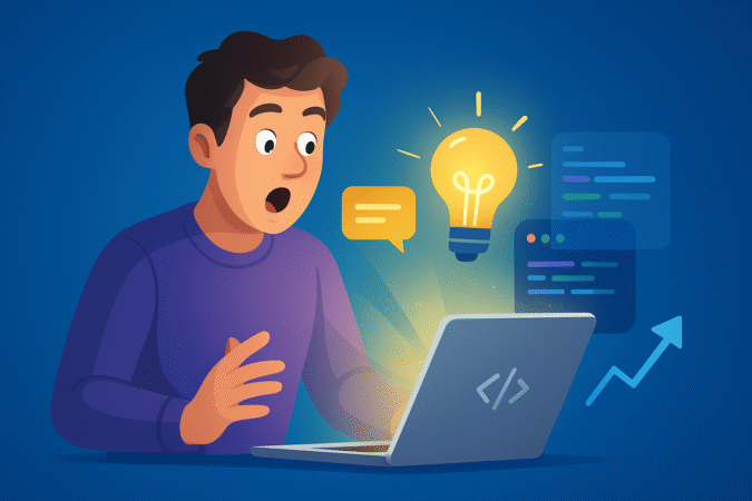 Surprised young man watching his digital ideas come to life on a laptop using AI-powered vibe coding