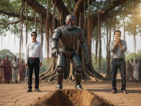 robot as chatgpt asking guy to go into grave