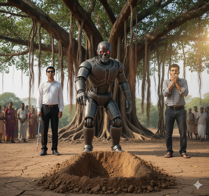 robot as chatgpt asking guy to go into grave