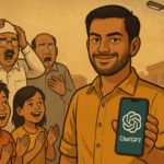 Indian man smiling while holding a phone with ChatGPT logo, government officials looking shocked in the background, and kids clapping in support.