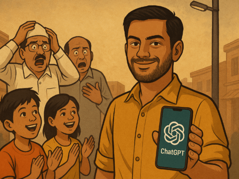 Indian man smiling while holding a phone with ChatGPT logo, government officials looking shocked in the background, and kids clapping in support.