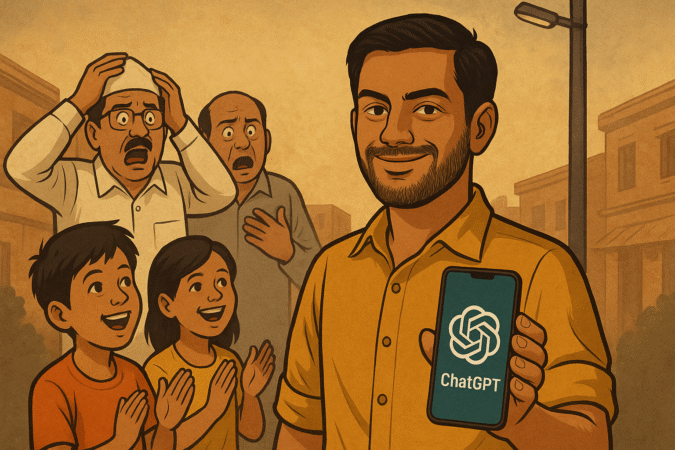Indian man smiling while holding a phone with ChatGPT logo, government officials looking shocked in the background, and kids clapping in support.