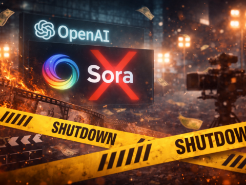 OpenAI Sora AI video tool shutdown concept showing crossed-out Sora logo, burning film reel, and shutdown caution tape symbolizing collapse of AI video generation