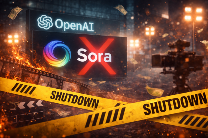 OpenAI Sora AI video tool shutdown concept showing crossed-out Sora logo, burning film reel, and shutdown caution tape symbolizing collapse of AI video generation