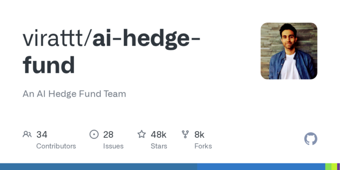 GitHub showcases Ai Hedge Fund project by developer virattt