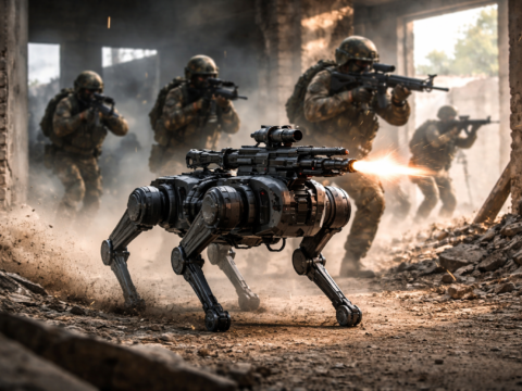 Armed quadruped robot dog firing weapon while soldiers advance in urban combat environment