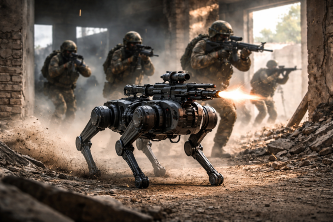 Armed quadruped robot dog firing weapon while soldiers advance in urban combat environment