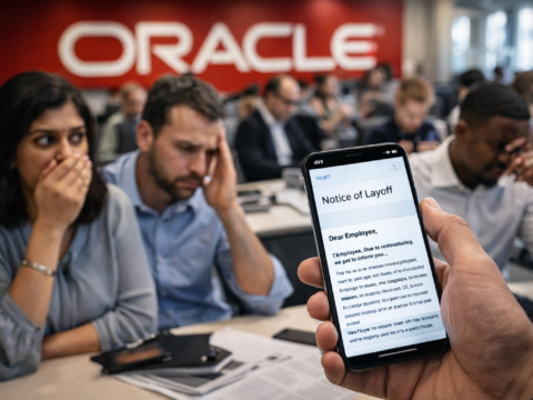 Oracle employees shocked after receiving layoff email notification in office environment
