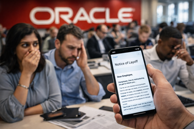 Oracle employees shocked after receiving layoff email notification in office environment